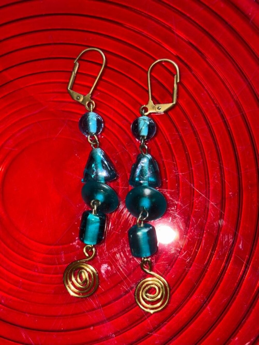 Vintage Style Teal Glass Bead Spiral Dangle Earrings | Leverback